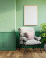 Vertical frame mock up in living room interior with armchair, 3d rendering