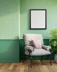 Poster frame mock up in living room interior background with armchair and green wall, 3d illustration.