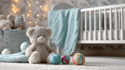 Cozy nursery with teddy bear and bright lights sets a peaceful mood.