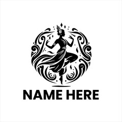 Fototapeta premium Elegant monochrome illustration of a classical dancer in a graceful pose, encircled by flowing, decorative swirl patterns.