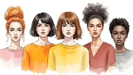Diverse group of five women with different hairstyles and expressions