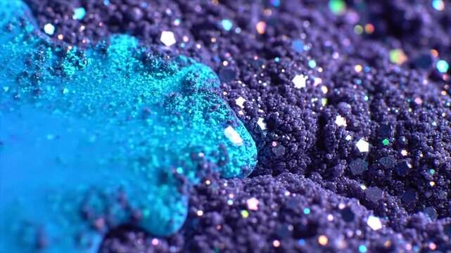 Close-up of vibrant blue liquid blending into sparkling purple glitter.