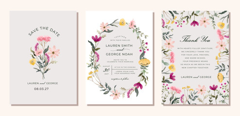 wedding invitation save the date card with pink yellow wildflower watercolor