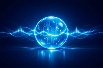Obraz premium Glowing blue circuit sphere with vibrant waveform technology background