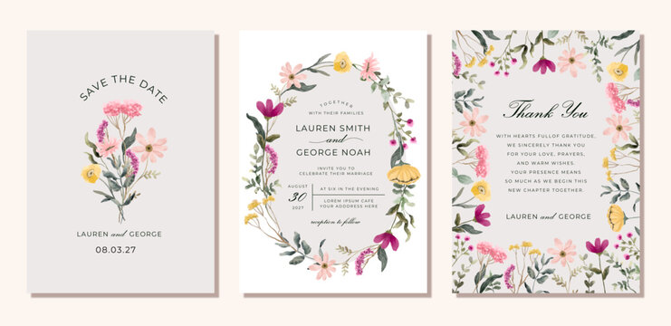 wedding invitation save the date card with pink yellow wildflower watercolor