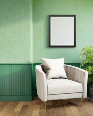 Poster frame mock up in living room interior background with armchair and green wall, 3d illustration.