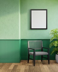 Poster frame mock up in living room interior background with armchair and green wall, 3d illustration.