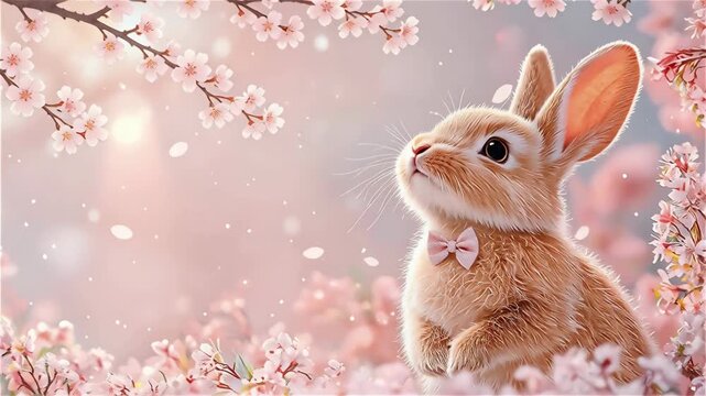 Cute rabbit bow tie surrounded pink cherry blossom flower soft dreamy spring animal pet gentle peaceful warm glowing light delicate petals