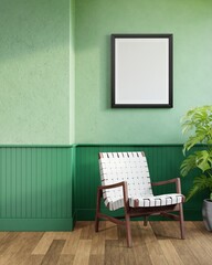 Poster frame mock up in living room interior background with armchair and green wall, 3d illustration.