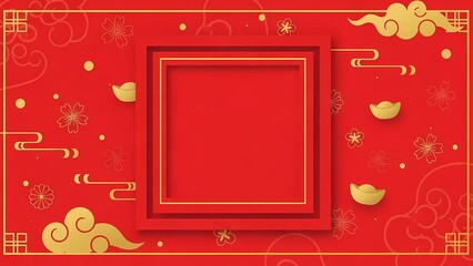 A vibrant red and gold celebratory flat graphic illustration showcasing a central square frame template surrounded by traditional chinese auspicious clouds and golden ingots on a festive background.