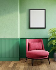 Poster frame mock up in living room interior background with armchair and green wall, 3d illustration.
