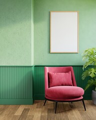 Vertical frame mock up in living room interior with armchair, 3d rendering