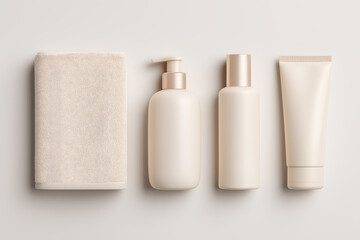 A neatly arranged collection of white and beige beauty products and a towel on a clean surface, color of the year 2026, cloud dancer