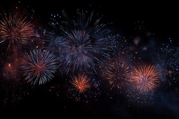 A spectacular fireworks display illuminates the dark night sky with bursts of orange blue and white light creating a festive celebratory atmosphere