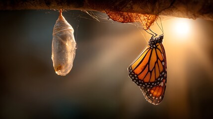 A Monarch Butterfly Emerging from Its Chrysalis in Golden Light