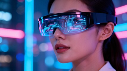 Woman wearing futuristic smart glasses