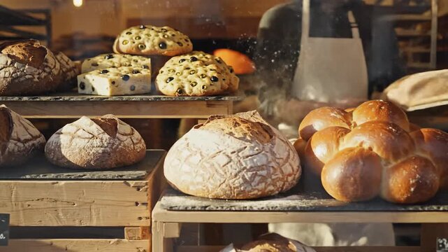 Freshly baked bread loaves displayed in a bakery window with a baker
