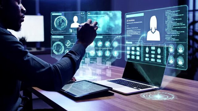 Professional businessman leveraging AI analytics and holographic data visualization on a digital tablet and laptop. Concept of machine learning, big data, business intelligence, and digital...