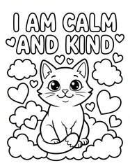 A coloring page of a charming illustration of a cute cat surrounded by clouds and hearts, emphasizing calmness and kindness. Perfect for children's materials, positivity, and mindfulness themes.