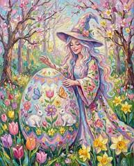Whimsical Easter Fairy Witch with Decorative Egg in Spring Flower Garden, Fantasy Illustration
