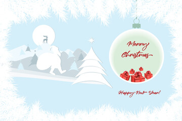  Christmas and New Year card. Minimalist style. New Year fir trees, snow, reindeer, mountains, moon and Santa Claus with sack of presents