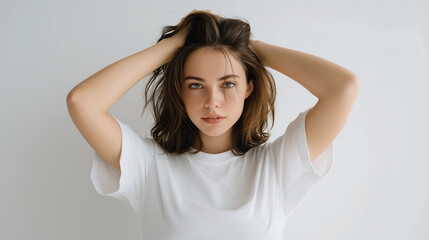 Fototapeta premium A young woman with her hands in her hair looking directly at the camera, color of the year 2026, cloud dancer