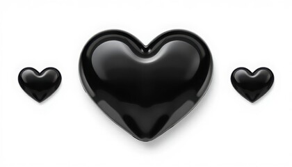 Three glossy black 3D hearts of different sizes arranged horizontally on a clean white background, elegant minimalist love and luxury concept.