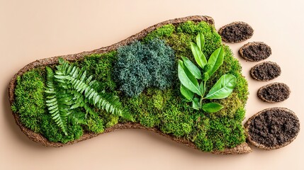 Fototapeta premium High-res flat lay moss human foot on dark green, echo eco packaging ethos, center copy space for brand tagline, ideal for sustainable e-commerce or green print hero