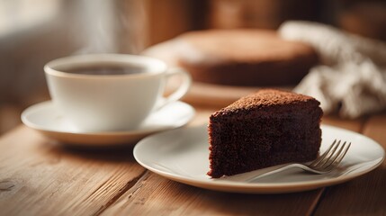 Cozy Coffee and Chocolate Cake on Rustic Wooden Table