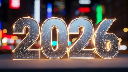 Shiny 3d numbers 2026 illuminated against a bokeh city background
