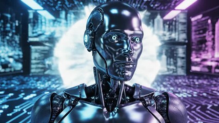 Futuristic robot portrait with city background artificial intelligence and technology - Powered by Adobe
