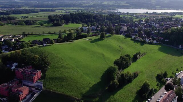 Aerial of a green landscape in rural Switzerland in summer