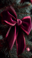 A close-up of a velvet bow on a christmas tree