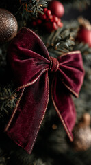 A close-up of a velvet bow on a christmas tree