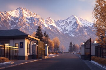 Snow-capped mountains overlook a quiet gated entrance road lined with autumn trees at sunset. golden hour glow
