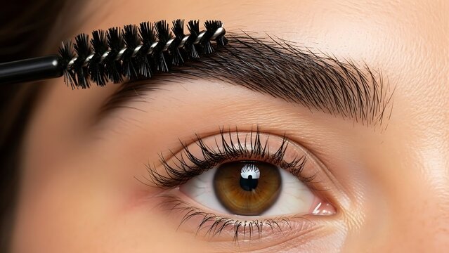 Close-up of a woman's eye as she grooms her eyebrows with a brush