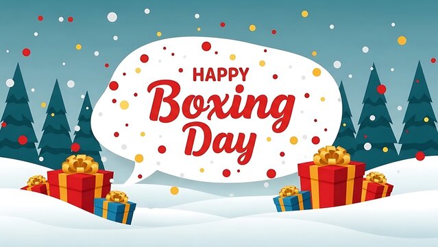 Festive illustration wishing everyone a happy boxing day featuring colorful wrapped gifts nestled in a snowy landscape with dark evergreen trees against a light blue falling snow backdrop - Powered by Adobe