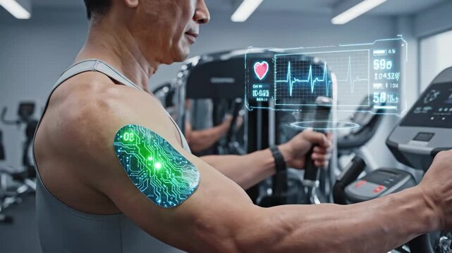 Man exercising indoors with fitness technology overlay