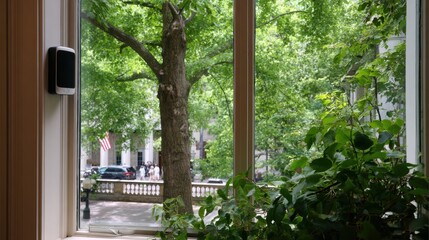 Medium shot showing humidity sensors installed near library windows ensuring optimal air quality and comfort for visitors