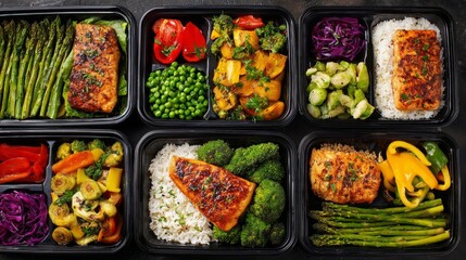 Six black containers filled with diverse, colorful prepped meals, including fish, rice, vegetables, and greens, ready to eat