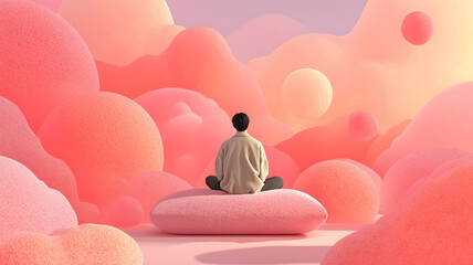 Surreal 3D Illustration of a Person Meditating in a Dreamlike Pink Sphere Landscape