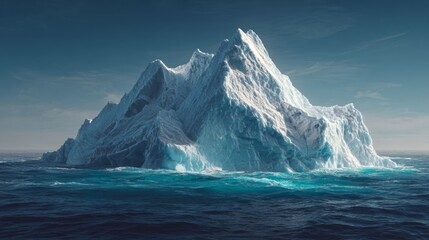 A colossal iceberg, sculpted by wind and water, dominates a vast, turquoise ocean under a calm, blue sky
