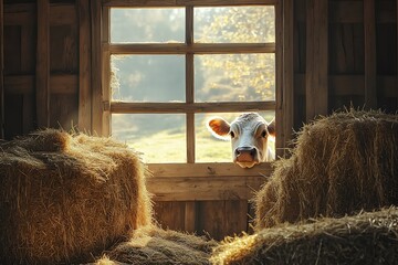 A charming image of a cow peeking through a rustic barn window, with hay bales and sunlight pouring in, creating a warm and welcoming atmosphere.