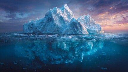 A massive iceberg floats on blue ocean, mirroring its peaks and ice-shards against a vibrant sunset sky