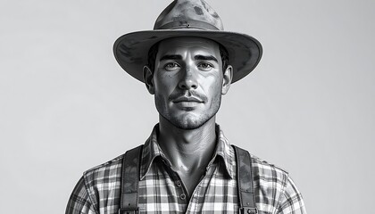 Portrait of a man with a hat and suspenders, in black and white, gazing intently towards the camera