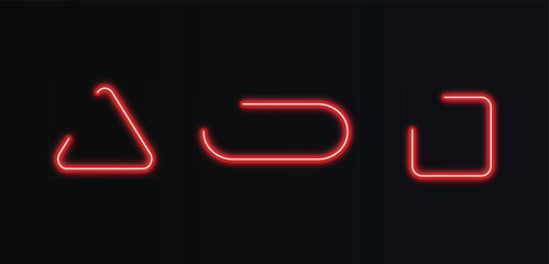 Red glowing neon geometric shapes including triangle, rounded rectangle, and square on dark gradient background