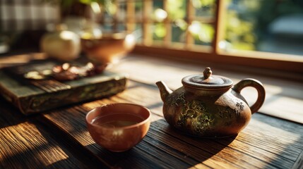 Rustic tea setting with a teapot and cup on a wooden table near a sunlit window with a blurred green outside