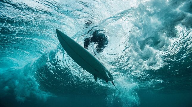 Underwater surfboard bottom view in turquoise wave barrel, ocean action photography
