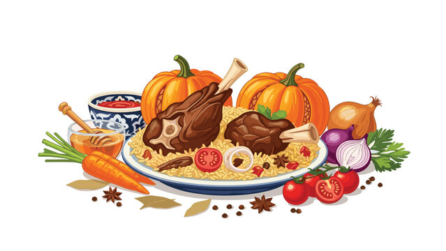A delicious composition of a traditional Uzbek pilaf dish with lamb shanks, pumpkins, carrots, and various aromatic spices.