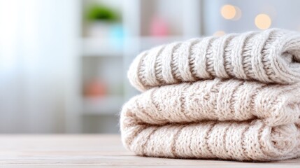 Stack of folded cozy knitted sweaters rests on a wooden surface.